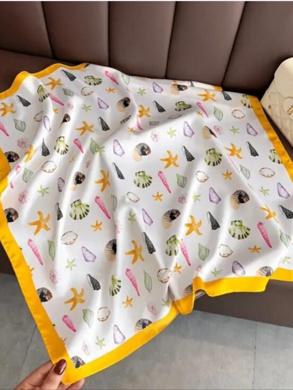 Silk-feel Seashell Print Square Scarf with Yellow Border Head & Neck Scarf